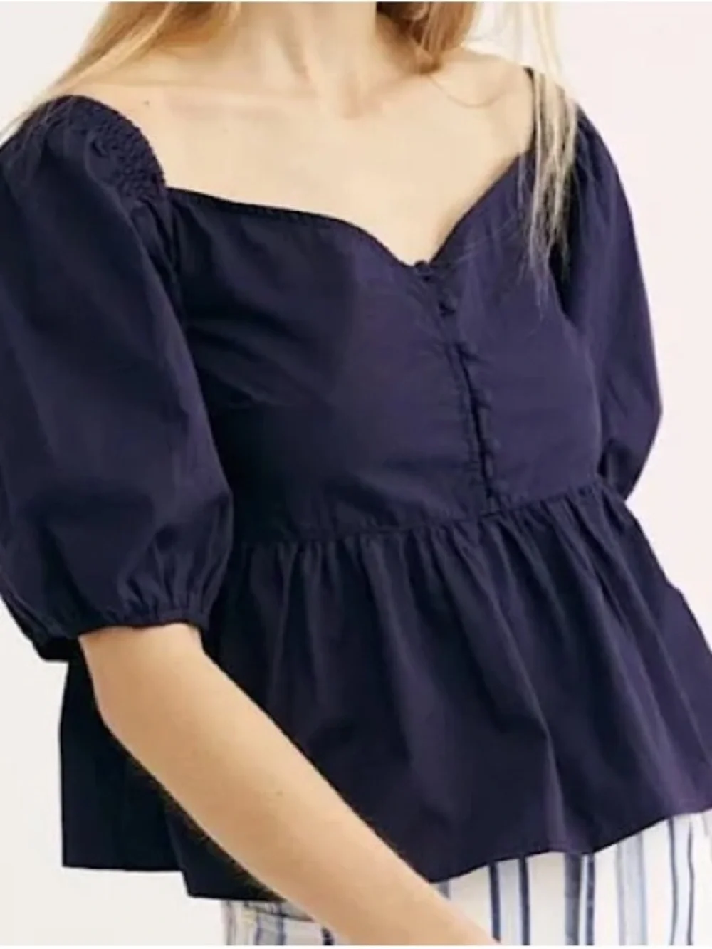 Free People Veronica Sweetheart Neck Puff-Sleeve Peplum Top in Navy